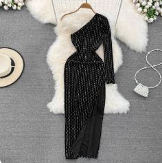 luxury one shoulder beaded dress